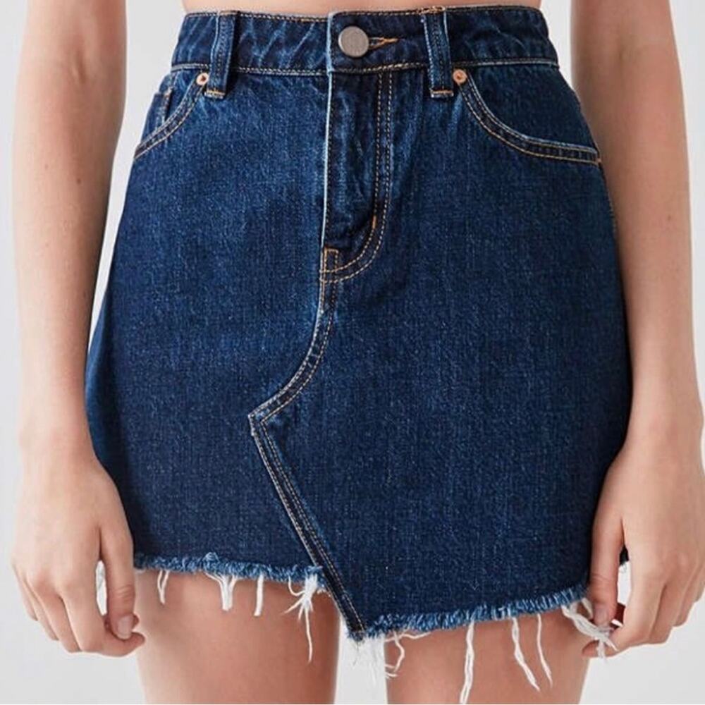 BDG denim dark wash mini skirt with raw hem size large